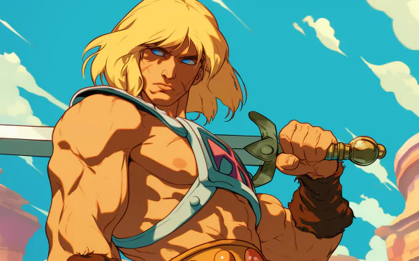 An HD desktop wallpaper featuring He-Man, showcasing the iconic character with his sword against a vibrant sky backdrop. A striking tribute to the beloved TV show.