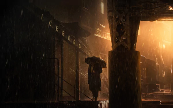 A dark, atmospheric 4K Ultra HD PC desktop wallpaper featuring The Penguin standing under an umbrella in a rainy, dimly lit urban alleyway.