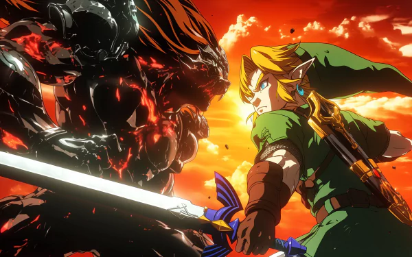 A vibrant HD wallpaper featuring Link from The Legend of Zelda, wielding the Master Sword against a dark, menacing foe, set against a dynamic sunset backdrop.