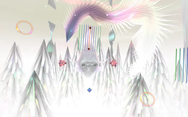 A vibrant HD desktop wallpaper for the video game Thrasher (2024), featuring abstract landscapes with ethereal colors and geometric shapes amidst a surreal, dreamlike atmosphere.