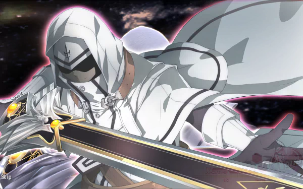 A striking HD wallpaper from Tokyo Xanadu eX+, featuring a cloaked character wielding a sword against a cosmic backdrop, embodying the game's vibrant style and action-packed essence.