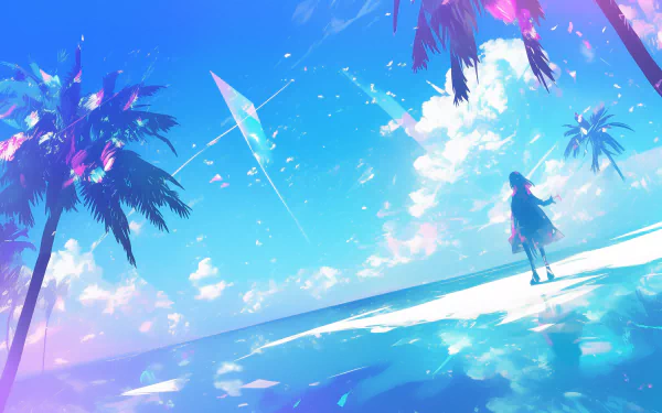 A serene island paradise with vibrant palm trees, a vivid blue sky, and a calm sea, creating a stunning HD desktop wallpaper and background.