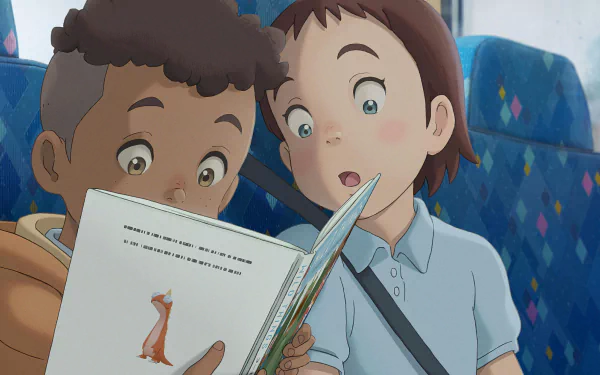 Anime-inspired HD wallpaper featuring two children captivated by a storybook, from The Imaginary (2023) by Studio Ponoc. A vibrant scene capturing wonder and imagination.