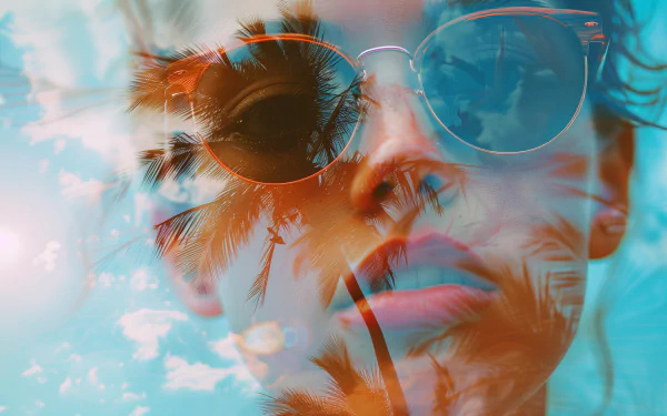 A woman in stylish sunglasses features a vibrant blend of summer vibes with palm trees and a bright blue sky, creating a stunning HD desktop wallpaper.