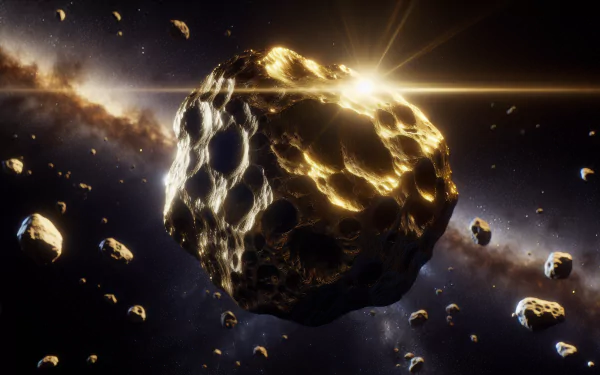 A stunning HD desktop wallpaper featuring a luminous asteroid surrounded by a field of smaller asteroids, set against a cosmic backdrop with glowing star-like highlights.