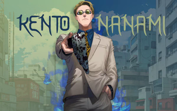 HD anime wallpaper featuring Kento Nanami from Jujutsu Kaisen, dressed in a suit with a cityscape background and stylized text of his name.