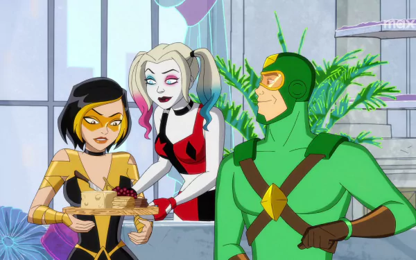 Colorful HD wallpaper from the TV show Kite Man: Hell Yeah! featuring animated characters in a vibrant setting, with Harley Quinn presenting a cake to Kite Man and another character.