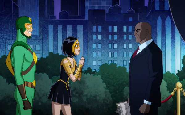 A colorful HD desktop wallpaper featuring characters from Kite Man: Hell Yeah! as they engage in a dynamic scene set against a vibrant city backdrop.