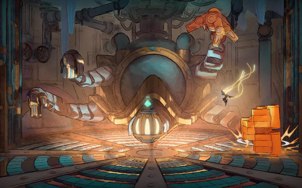 A vibrant HD desktop wallpaper from the video game Mio: Memories in Orbit, featuring a mechanical entity in a stylized environment, showcasing intricate details and dynamic lighting.