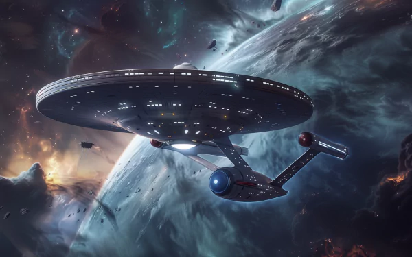 A stunning HD wallpaper featuring a sleek spacecraft navigating through vibrant cosmic scenery, embodying the essence of sci-fi and adventure in space.