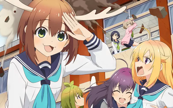 HD wallpaper featuring characters from My Deer Friend Nokotan, including Noko Shikanoko and Anko Koshi, showcasing vibrant anime art and charming character design.