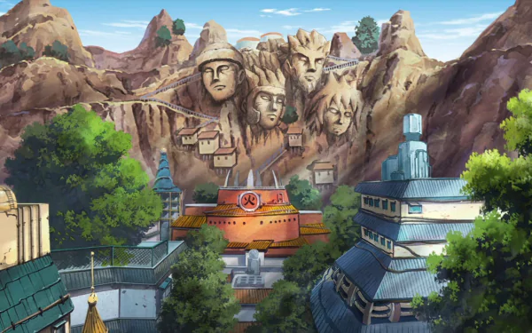 HD wallpaper featuring Konohagakure from the anime Naruto, showcasing the vibrant and iconic elements of the series in a visually striking background.