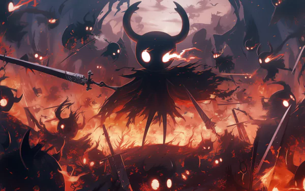 HD desktop wallpaper featuring characters and aesthetics from the video game Hollow Knight and its sequel Hollow Knight: Silksong.