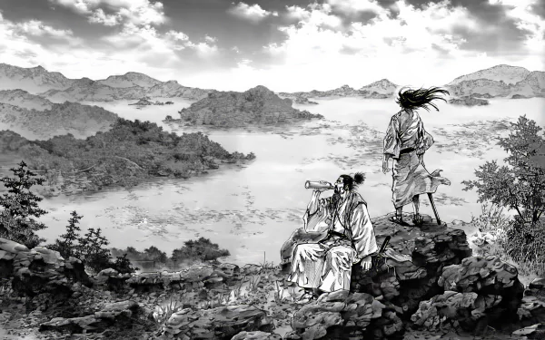 HD desktop wallpaper featuring Miyamoto Musashi from the manga Vagabond, showcasing detailed anime artwork and a striking background.