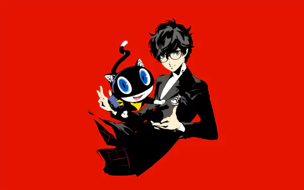 Persona 5 Royal characters Joker and Morgana striking dynamic poses on a vibrant red background in a 4K Ultra HD PC desktop wallpaper.