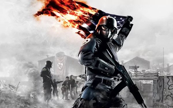 HD PC desktop wallpaper from the video game Homefront: The Revolution, featuring a soldier holding a burning American flag amid a war-torn urban battlefield.