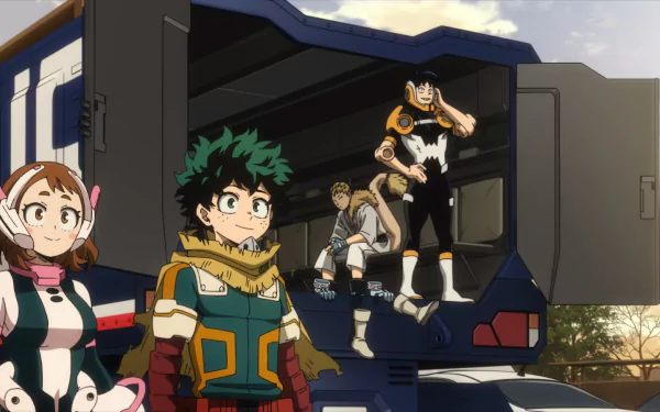 HD wallpaper featuring characters Izuku Midoriya and Ochako Uraraka from the anime My Hero Academia: You're Next, showcasing their dynamic and vibrant style.