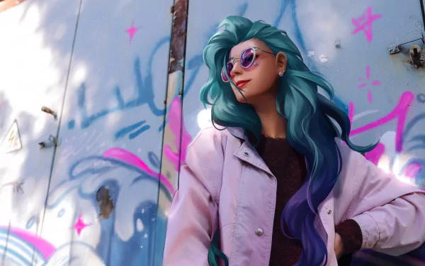 HD desktop wallpaper featuring Seraphine from League of Legends, embodying her vibrant and energetic personality in a dynamic video game setting.