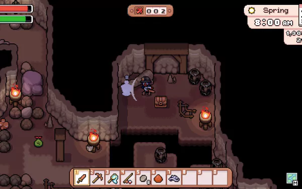 An HD desktop wallpaper from the video game Fields of Mistria, featuring a character exploring a dark cave filled with treasures, lanterns, and eerie creatures. 