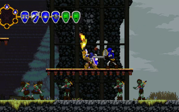 HD desktop wallpaper featuring action from Volgarr the Viking II, showing a warrior battling enemies with a flame and shield amidst a vibrant, pixel-art landscape.