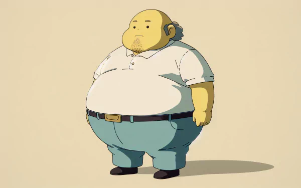 A colorful HD desktop wallpaper featuring a cartoon character with a round body, wearing a white polo shirt and blue pants, standing against a simple light background.