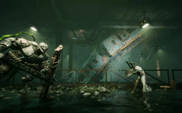 A high-definition desktop wallpaper from the video game Deathbound, featuring a haunting scene with a robotic figure and a mysterious creature in a dark, submerged environment.