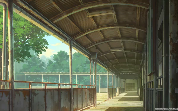 A serene corridor bathed in soft light, surrounded by greenery, capturing the essence of the anime Too Many Losing Heroines! This HD wallpaper enhances any desktop background.