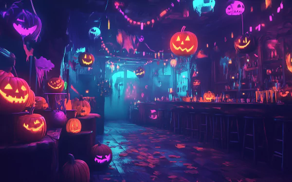 A vibrant Halloween party scene featuring glowing jack-o'-lanterns, colorful decorations, and a festive atmosphere, designed as an HD desktop wallpaper and background.