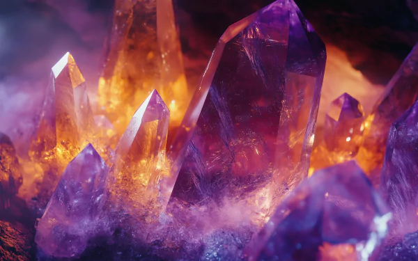 A stunning HD desktop wallpaper featuring vibrant purple crystals illuminated by a warm glow, surrounded by a smoky mist, creating a mystical and captivating atmosphere.