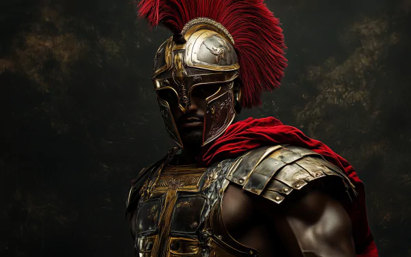 A dramatic HD wallpaper featuring a Roman gladiator in ornate armor, complete with a striking red plume and a fierce expression, embodying strength and bravery.