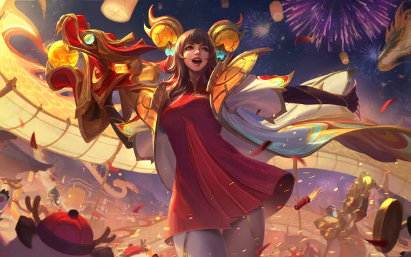 A vibrant HD wallpaper showcasing Zeri from League of Legends: Wild Rift, celebrating with fireworks and festive decorations, embodying the game's energetic aesthetic.