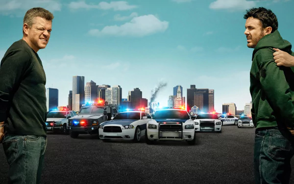 HD wallpaper featuring scenes from the movie The Instigators with Matt Damon and Casey Affleck near a police car, capturing the film's thrilling atmosphere.