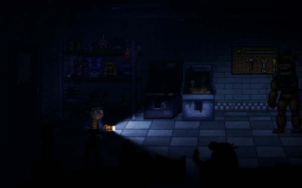 A high-definition desktop wallpaper featuring elements from the video game Five Nights at Freddy's: Into the Pit, creating an immersive gaming atmosphere.