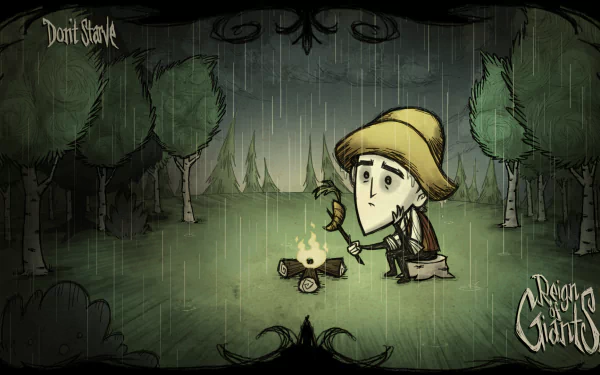 A character from the video game Don't Starve sits by a campfire in a dark, rain-soaked forest, surrounded by trees, in this HD desktop wallpaper.