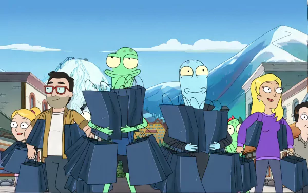 A vibrant scene from the TV show Solar Opposites, featuring colorful characters walking through a town with mountains in the background, showcasing the show's unique animated style.