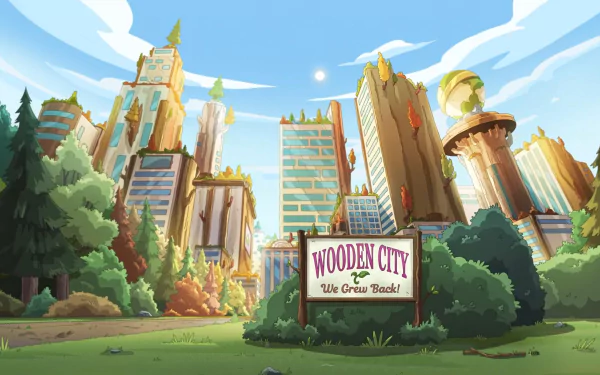 A vibrant scene from the TV show Solar Opposites, depicting Wooden City with towering buildings and lush greenery under a blue sky, serving as an engaging HD desktop wallpaper.