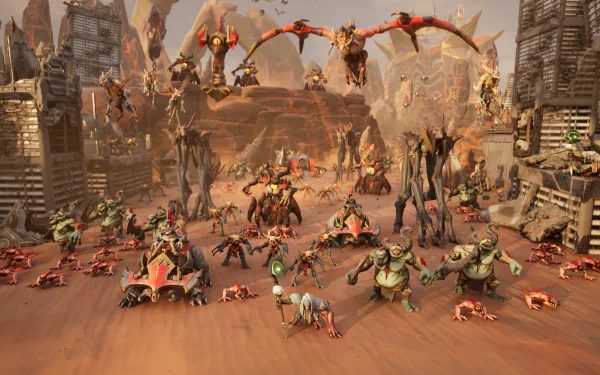 A stunning HD desktop wallpaper from the video game Stormgate, featuring a dynamic scene with various mythical creatures and a battle-ready landscape, full of vibrant detail and action.