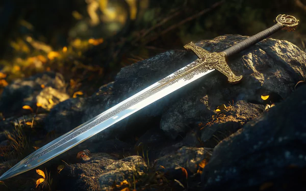 A legendary sword rests on a rocky surface, illuminated by soft, warm light, evoking a fantasy atmosphere. This HD wallpaper captures a moment of mythical allure.