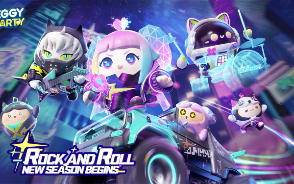 HD wallpaper featuring vibrant characters from the video game Eggy Party, showcasing a lively scene of fun and excitement in a neon-lit environment with a Rock and Roll theme.
