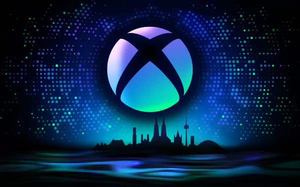 A vibrant HD desktop wallpaper featuring the Xbox logo against a cosmic backdrop, with a silhouette of a cityscape, capturing the essence of Gamescom and modern technology.