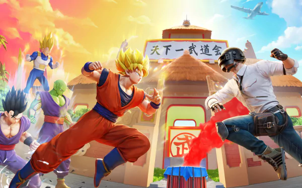 An HD wallpaper featuring characters from Playerunknown's Battlegrounds alongside Goku and Gohan in their Super Saiyan forms, blending gaming and anime elements.
