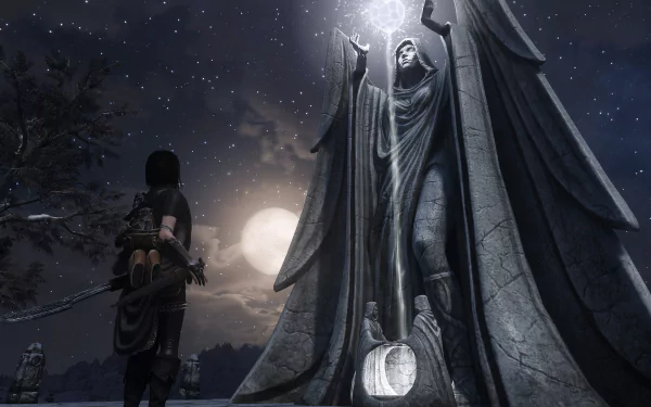 A striking HD desktop wallpaper featuring a statue inspired by the video game The Elder Scrolls V: Skyrim, capturing the game's epic fantasy aesthetic.