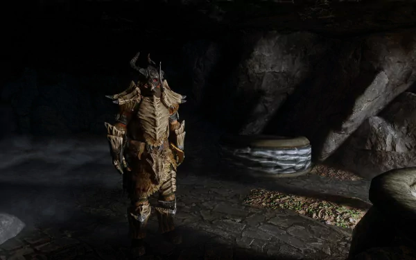 A detailed character stands in a dimly lit cave, wearing intricate armor inspired by Nordic viking aesthetics, capturing the essence of The Elder Scrolls V: Skyrim in this HD wallpaper.