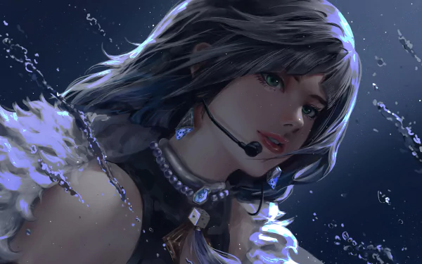 HD wallpaper featuring Yelan from Genshin Impact, depicted with flowing hair and water elements, showcasing her character's elegance and charm in a captivating underwater setting.