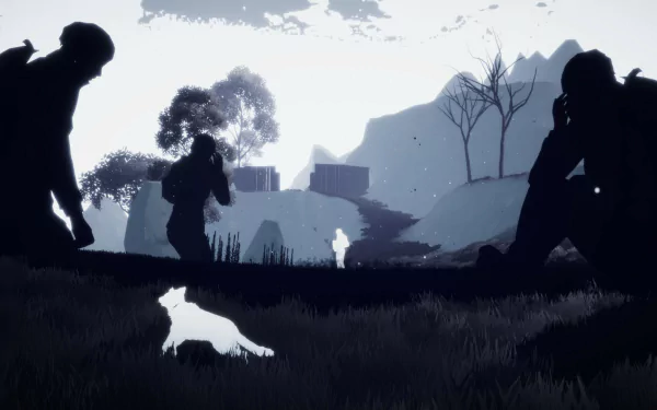 A captivating HD wallpaper from the video game Farewell North, featuring silhouetted figures in a serene landscape with a white fox, evoking a sense of mystery and exploration.