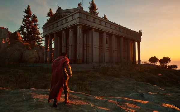 HD wallpaper from the video game Dawn of Defiance, featuring a hero in a red cloak standing before ancient columns at sunset, capturing a moment of adventure and grandeur.