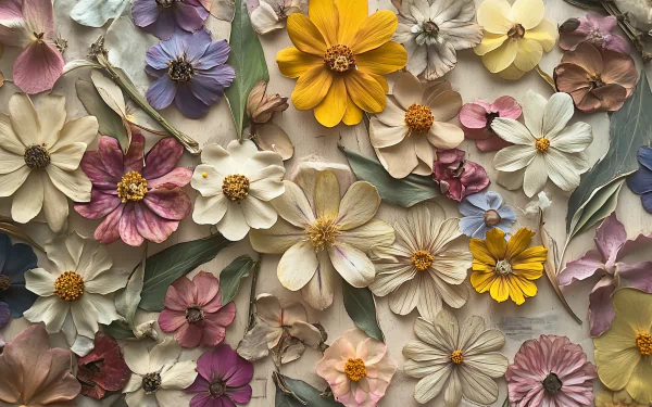 HD wallpaper featuring a beautiful assortment of pressed flowers, creating a vibrant and natural background that enhances any desktop setup.