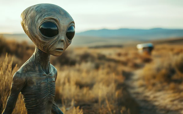 A captivating HD desktop wallpaper featuring an alien encounter in a desolate landscape, highlighting an extraterrestrial figure with large eyes against a vast backdrop.