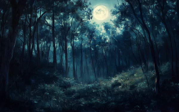 A serene moonlit forest scene, showcasing tall trees under a bright moon, creating a mystical atmosphere. This HD wallpaper captures the tranquility of a night surrounded by nature.