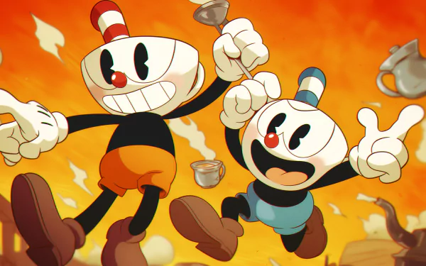 HD desktop wallpaper featuring vibrant characters and scenes from the video game Cuphead, showcasing its unique art style and dynamic gameplay.